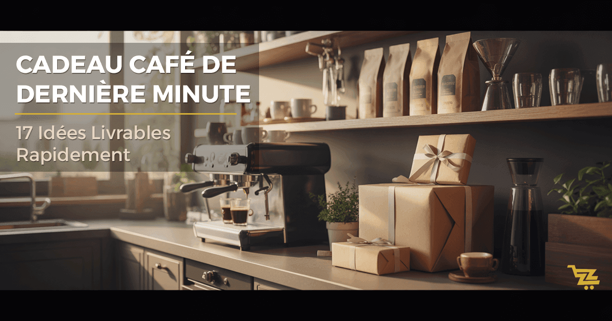 Coin café maison aménagé avec machine expresso, accessoires barista et cadeaux emballés sur comptoir moderne