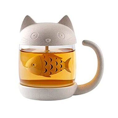 Tasse à Thé Chat en Verre avec Filtre à Infusion Poisson